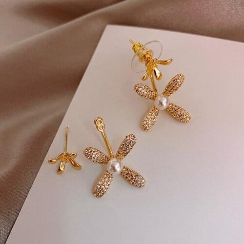 Yaologe Four-leaf Flower Earrings Rhinestones Lovely Pearl Flower Heart Golden Stud Earrings For Women 2020 Party Jewelry