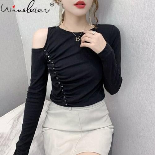 Spring Fall Korean Clothes T-Shirt Girls Sexy Hollow Out Off Shoulder Rivet Cotton Women Tops Bottoming Shirt Tees T11313A