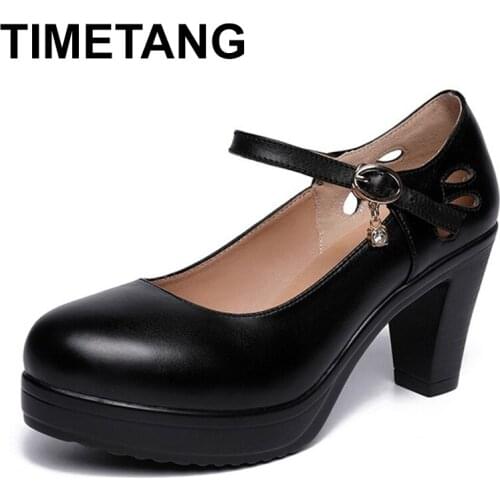 TIMETANG35-43 Big Size Woman Shoes Spring Autumn 2019 Leather Heels Med Pumps Black White Red Office Women ShoeE1281