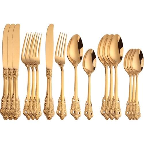 Vintage Western Gold Plated Cutlery Dining Knives Forks Teaspoons Set Golden Luxury Dinnerware Engraving Tableware Set