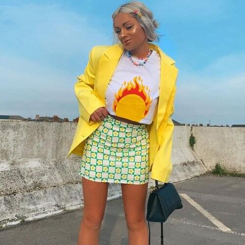 Y2K 2021 Womens Bodycon Mini Skirts Sweet Floral Plaid Print High Waist Above Knee Short Skirts