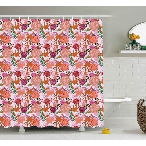 Flower Shower Curtain Vector Floral with Pink and Tones Colored Buds Dandelions Leaves Print Waterproof Polyester Bath Curtains