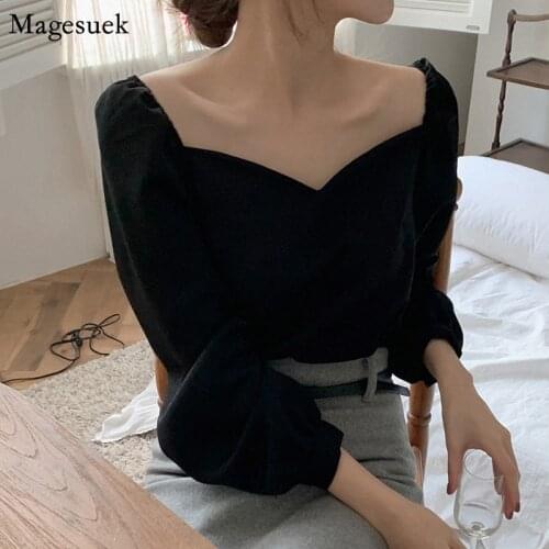 Square Collar Off Shoulder Sexy Solid Women Tops Blouses Office Lady Loose Black Female Shirt Tops Vintage Blouse Blusas 13101