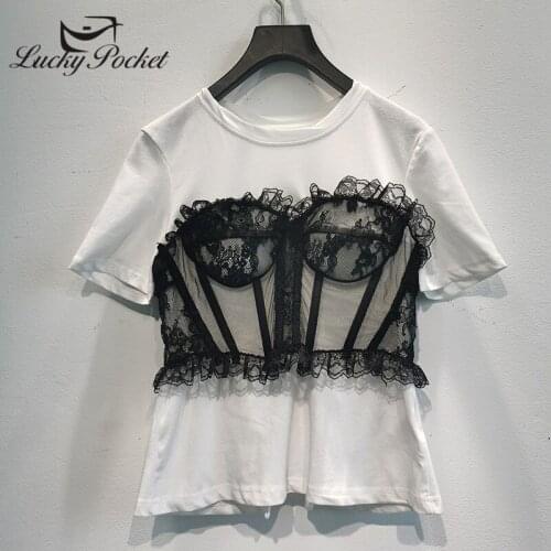 Women Summer Fashion Casual Lace Spliced Cotton T-Shirt Ladies Loose New High Quality O-Neck Tees Female Brand Slim Tops ML174