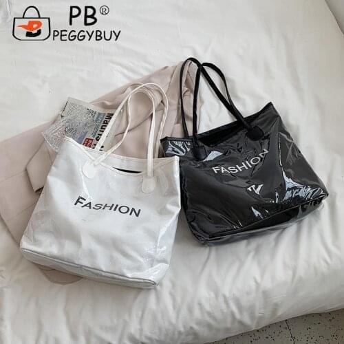 Summer Vacation PVC and Canvas Shoulder Top-handle Bags Casual All-match Women Letter Printing Large Capacity Shopping Handbags