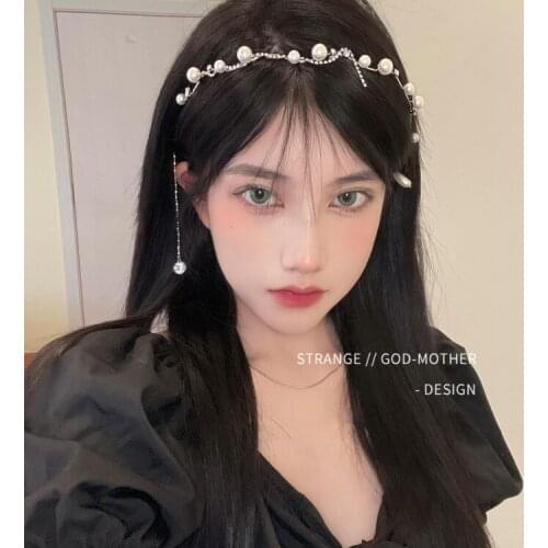 Pearl headband female summer tassel zircon crystal advanced sense hairpin collar sen super fairy retro French tiara