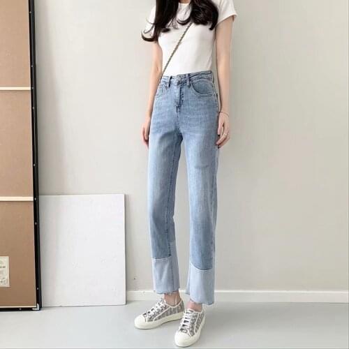 Stitching Contrast Straight Jeans Womens Spring/summer 2021 Korean Version of Short Tall Waist Nine-point Pipe Pants DLZK592