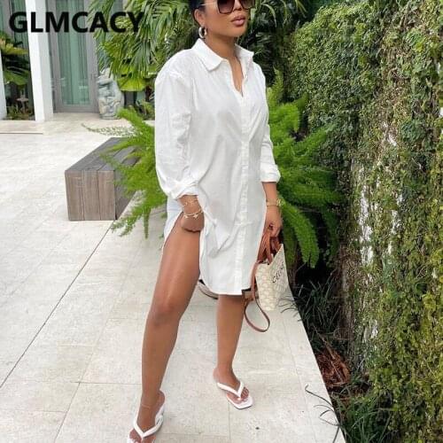 Women Long Sleeve White Slim Shirt Dress Chic Streetwear Button Up Midi Dress