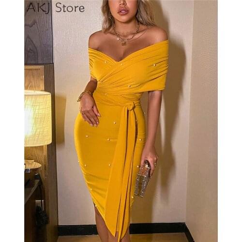 Women Elegant Beaded Off Shoulder Short Sleeve Skinny Party Dress