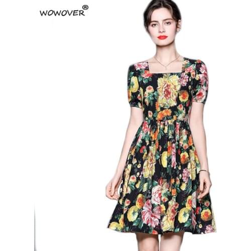 2021 Women Runway Short Sleeve Square Collar Floral Print Summer Dress Fashion Designers Knee Length Vintage Beach Boho Vestidos