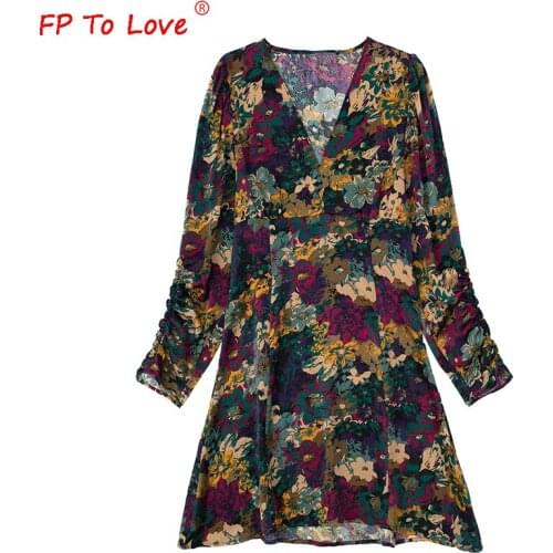 FP To Love Za Woman Floral V-Neck Dress Stretchy Long Sleeves Waist Design Vintage Flower Print New Style 21Spring Autumn Outfit