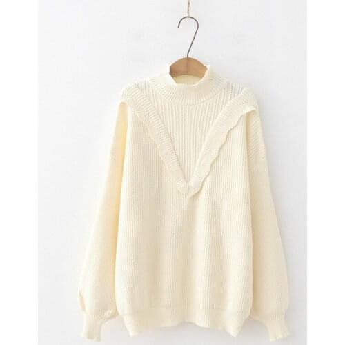 Winter Pure Color Sweater Women Long Sleeve Semi-high Collar Sweet Pullover Female Student Wooden Ear College Knitted Top H9474