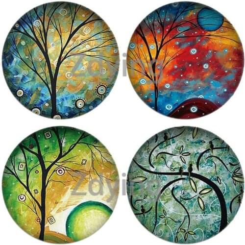 Zdying 10pcs Beautiful Tree Oil Painting Round Glass Picture Cabochon Dome DIY Necklace Keychain Brooch Pendant Jewelry Findings