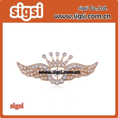 100pcs/lot 55mm Fashion Golden Pearl Rhinestone Crown Angel Wings Pin Brooch