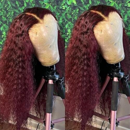 180% Burgundy Lace Front Human Hair Curly #99j Preplucked 13x4Lace Frontal Wigs For Women Brazilian Remy Curly 4x4 Closure Wig
