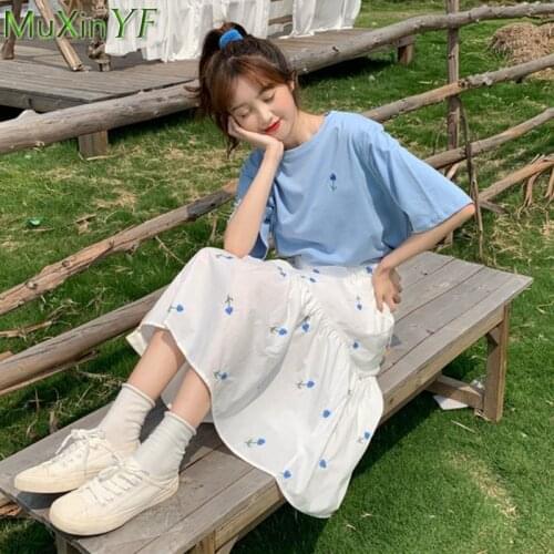 2021 Spring Summer New Small Fresh Skirt Suit Womens Embroidery Short-sleeved T-shirt Skirt Two-Piece Korean Casual Dress Set
