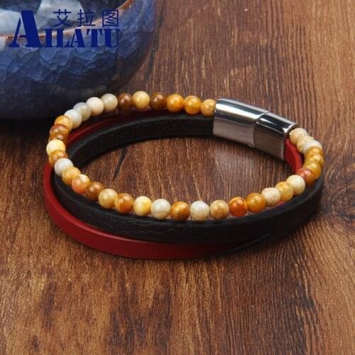 Ailatu Silver Color Button Leather Bracelet DIY Stone Combination Stitching Mens Stainless Steel Jewelry Classic Special Style