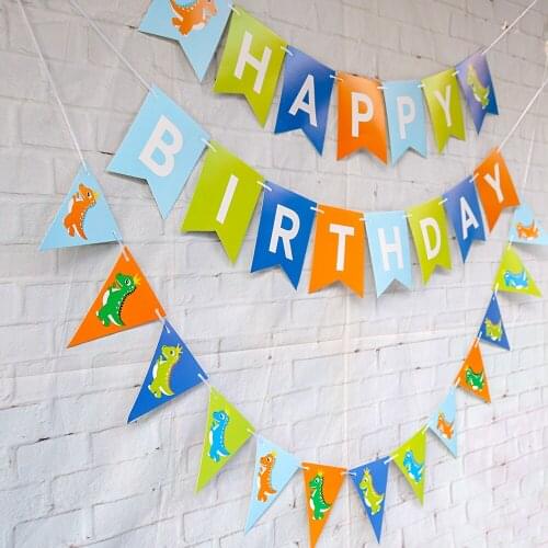 1Set Baby Shower First Birthday Party Decorations Happy Birthday Banner Photo Booth Bunting Garland Flags Dinosaur Banner Set