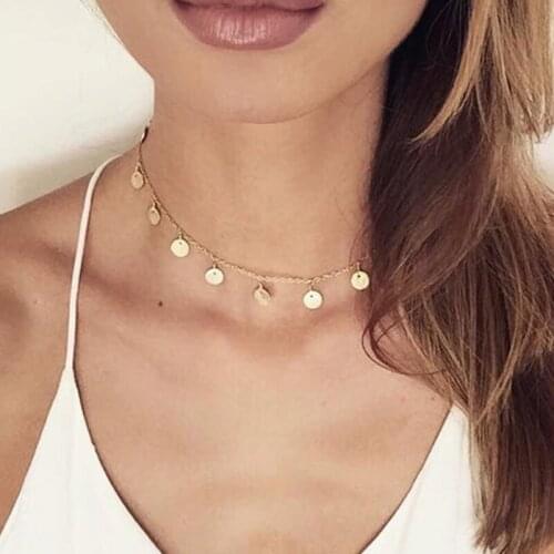 European Copper Round Sequins Charms Choker Necklace for Women Geometric Chocker Collar Clavicle Necklaces Jewelry Gift YN496