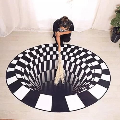 Hot 3D Vortex Illusion Rug Bottomless Hole Carpet Round Black White Grid Illusion Room Anti-Slip Floor Mats Home Fashion Carpet