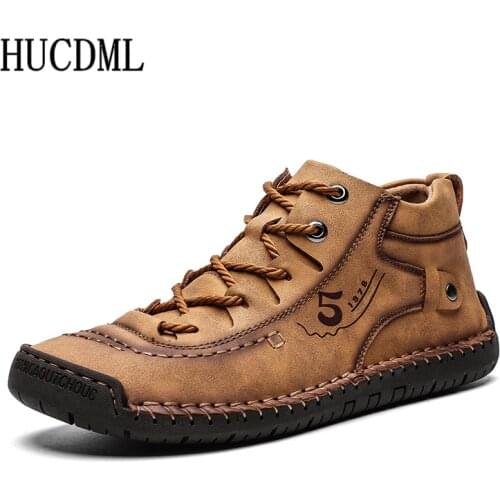 HUCDML Handmade leather shoes men Outdoor high-top lace-up casual shoes flats male ankle boots big size 38-48