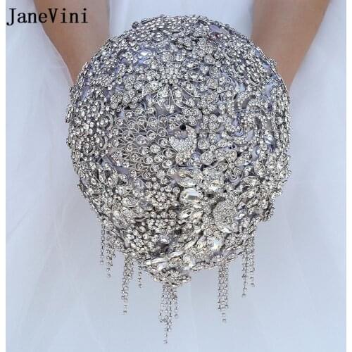 JaneVini Luxury Waterfall Bridal Bouquets Crystal Tassel Artificial Silver Satin Roses Bling Diamond Wedding Brooch Bouquet 2020