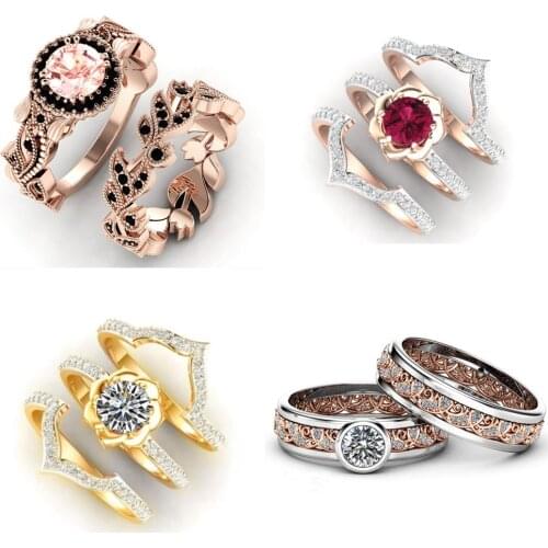 Fashion Design Wedding Rings Set Exquisite Rose Gold Flower Leaves Ring Black Zircon Ring Wedding Engagement Valentines Gifts