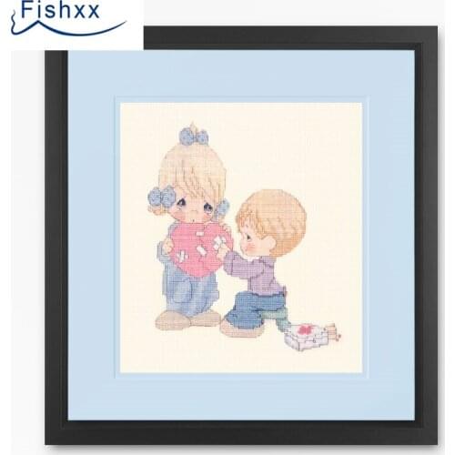 Fishxx Cross Stitch 14CT Kit European style childrens bedroom paintings H012 Boy girl repair broken heart