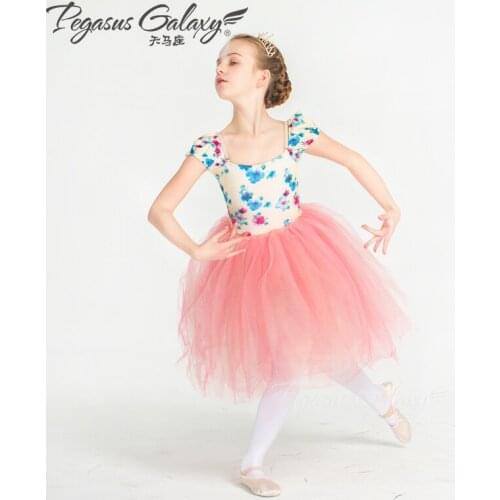 New Childrens Bubble Short Sleeves Dress Girls Pompong Yarn Skirt Kids Ballet Tutu Performance Dress Stage Costume B-6351