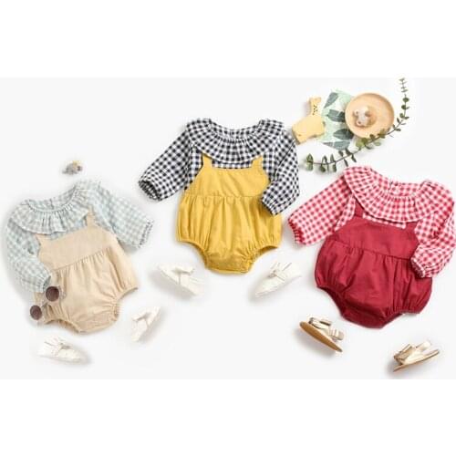 Newborn Baby Girls Grid Fake Two Piece Long Sleeve Clothes Rompers 0-3Yrs Spring Autumn Baby Toddler Girls Triangle Jumpsuits