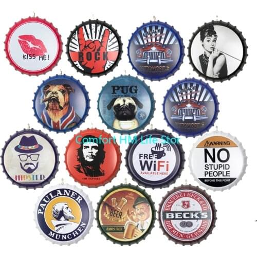 Pug Dog Rock Beer Bottle Cap Tin Sign Decor Round Hanging Craft Art Iron Painting Bar Pub Cafe Club Wall Decoration Metal Plaque