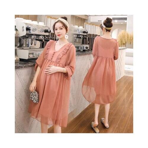Two-piece net red fashion spring summer Korean maternity dress elegant chiffon dress super fairy maternity dress