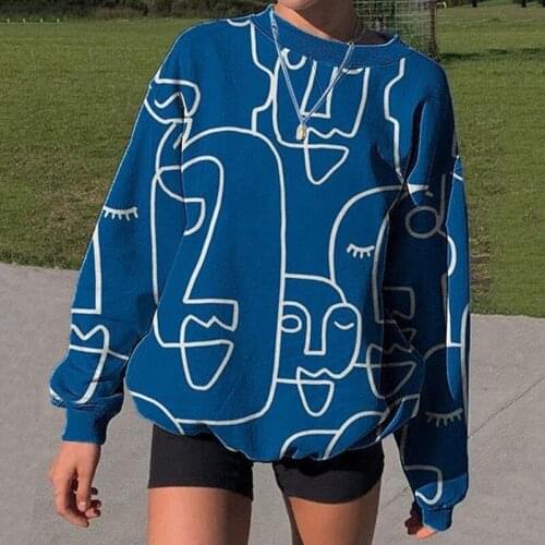 Casual Trendy Abstract Print Womens Hoodie Products Round Neck 2021 Spring Fashion Autumn Winter Loose Sweatshirt Pullover Top