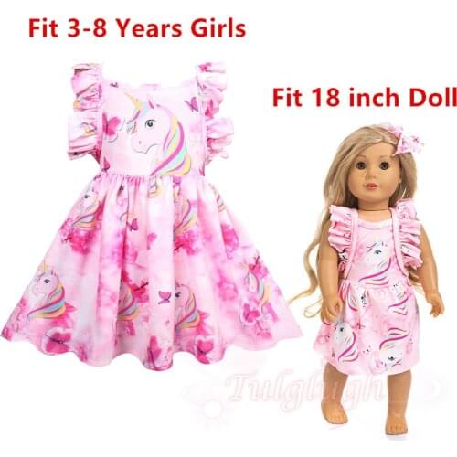 Manufacturer Hot Sale !!! Doll and Girl Matching Nightgown Unicorn Backless Dress for Girls and 18" American Dolls Clothes