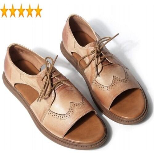 Real 100% 2021 Leather Summer Men Open Toe Beach Rome Breathable British Lace Up Vintage Formal Sandals Male