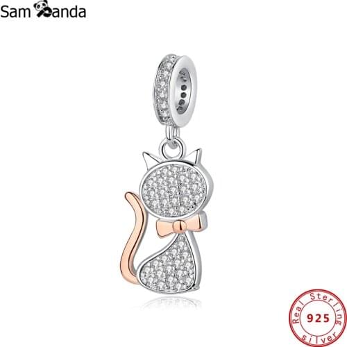 Authentic 100% 925 Sterling Silver Bead Lovely Cat Pendant Charms Pet Rose Gold Color Fit Original Bracelet Diy Jewelry