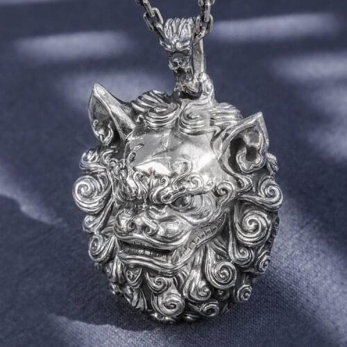 Solid 999 Sterling Silver lion head handmade mens pendant Charm jewelry A5250