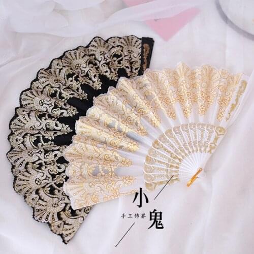 Japanese-style Lolita Lolita Black/white Transparent Gold Lace Retro Collocation Dress Lo Skirt Fan Folding Fan