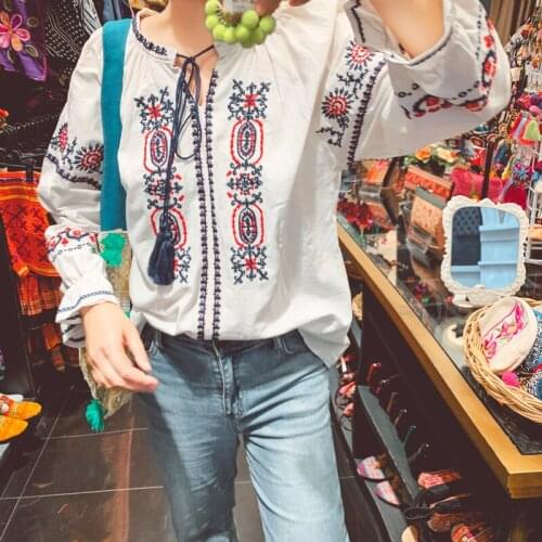 Vintage shirt, Saipan, Thai Vacation Travel, Tassels, Embroidered Denim, Cotton, Hemp Tops