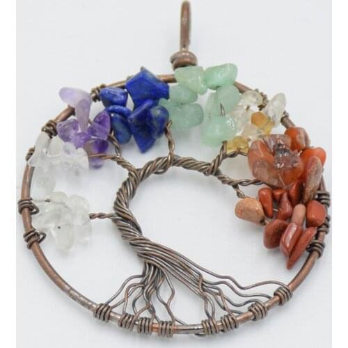 Vintage Multi-color Natural Stone 7 Chakra Tree Of Life Necklace Pendant Women Round Handmake Copper Wire Wrap Pendants Jewelry