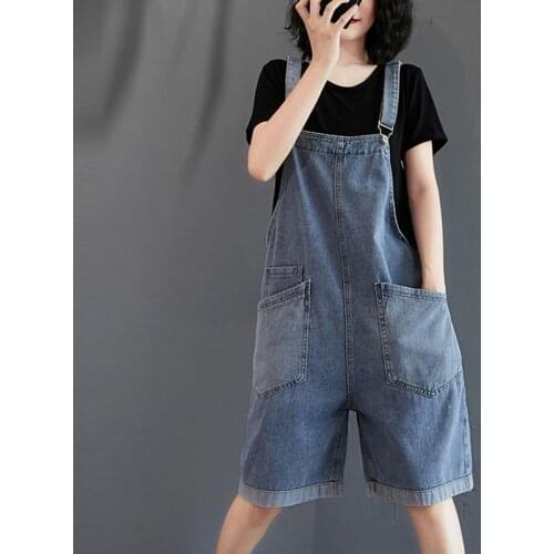 Women Summer Casual Denim Playsuits New Arrival 2021 Simple Style Big Pocket Loose Female Spaghetti Strap Jeans Rompers B012