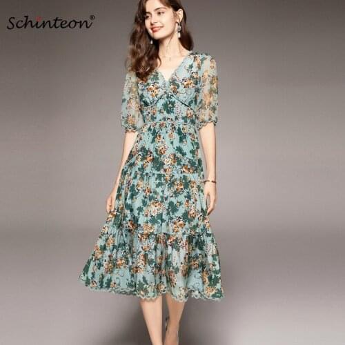 Schinteon Women Silk Long Dress 100% Real Silk Print V-Neck Lace Patchwork Half Sleeved Dresses for Summer New