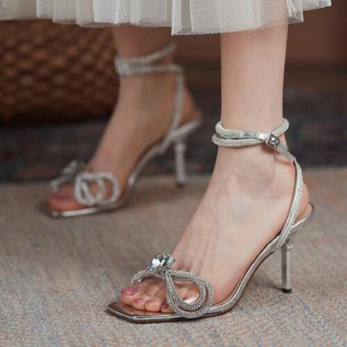 2021 Women High Heels Gladiator Sandals for Women Shoes Sexy Silver Rhinestones High Heels Sandals Summer Party Dress Shoes