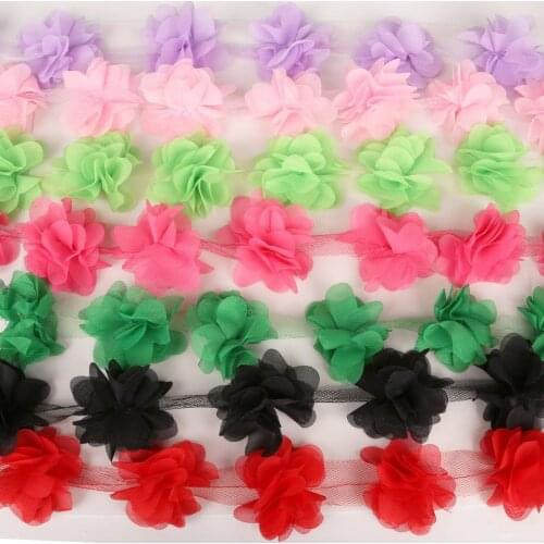 3D Flowers Lace Chiffon Cluster 26pcs Flowers Dress Decoration Lace Fabric Applique Trimming Sewing Supplies 2Yards/lot