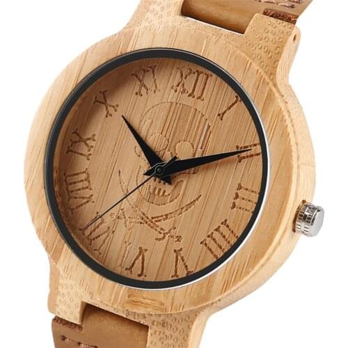 Bamboo Wood Mens Watch Punk Skull Display Quartz Wristwatch Brown Genuine Leather Wristband Natural Stylish Wooden Clock Male
