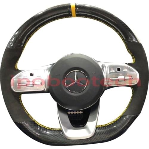 5D Carbon Fiber&Suede Leather Yellow Marker Steering Wheel Hand Sewing Wrap Cover Fit For Mercedes-Benz A-Class W177 2018-2019