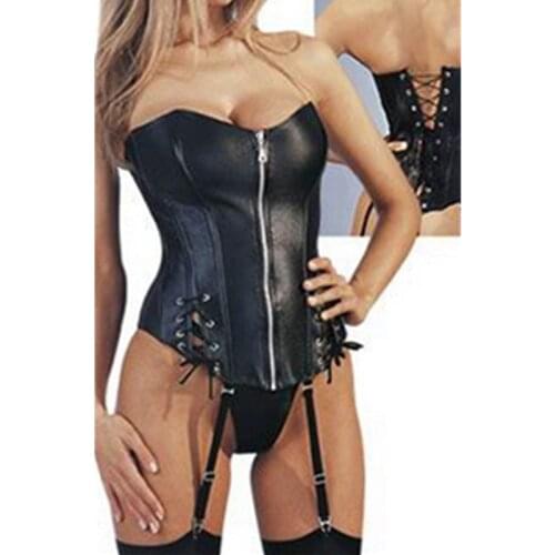 Black Strapless Faux Leather Sexy Corset Front Zipper Women Bustier Back lace up overbust S-XL