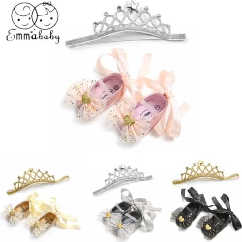 Emmababy 2019 Toddler Baby Girl Soft Sole Party Shoes Princess Bownot Shoes+Headband Prewalker