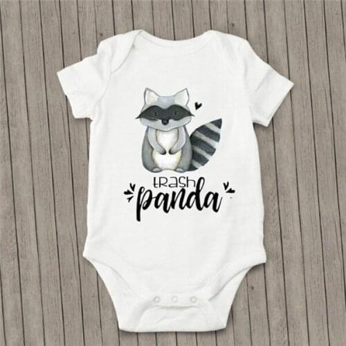 DERMSPE 0-24M Infant Newborn Baby Boy Girl Short Sleeve Letter Print Trash Panda Cotton Romper Outfits Summer Baby White