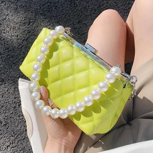 Lattice Square Pearl Tote bag 2021 Summer New High-quality PU Leather Womens Designer Handbag Chain Shoulder Messenger Bag
